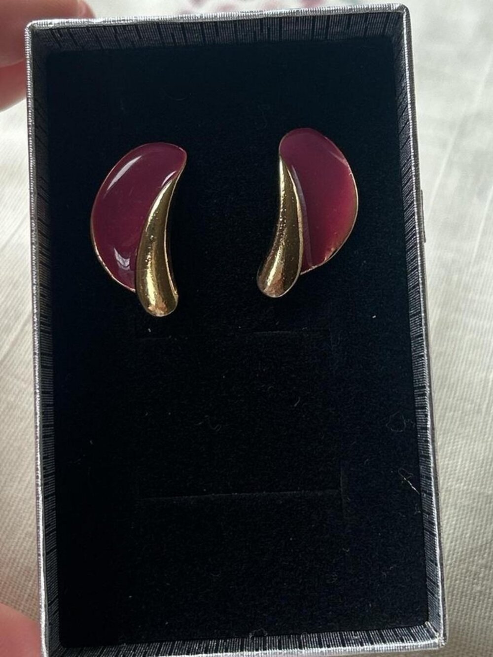 Gold and Red Curved Dangle Earrings Costume Jewelry